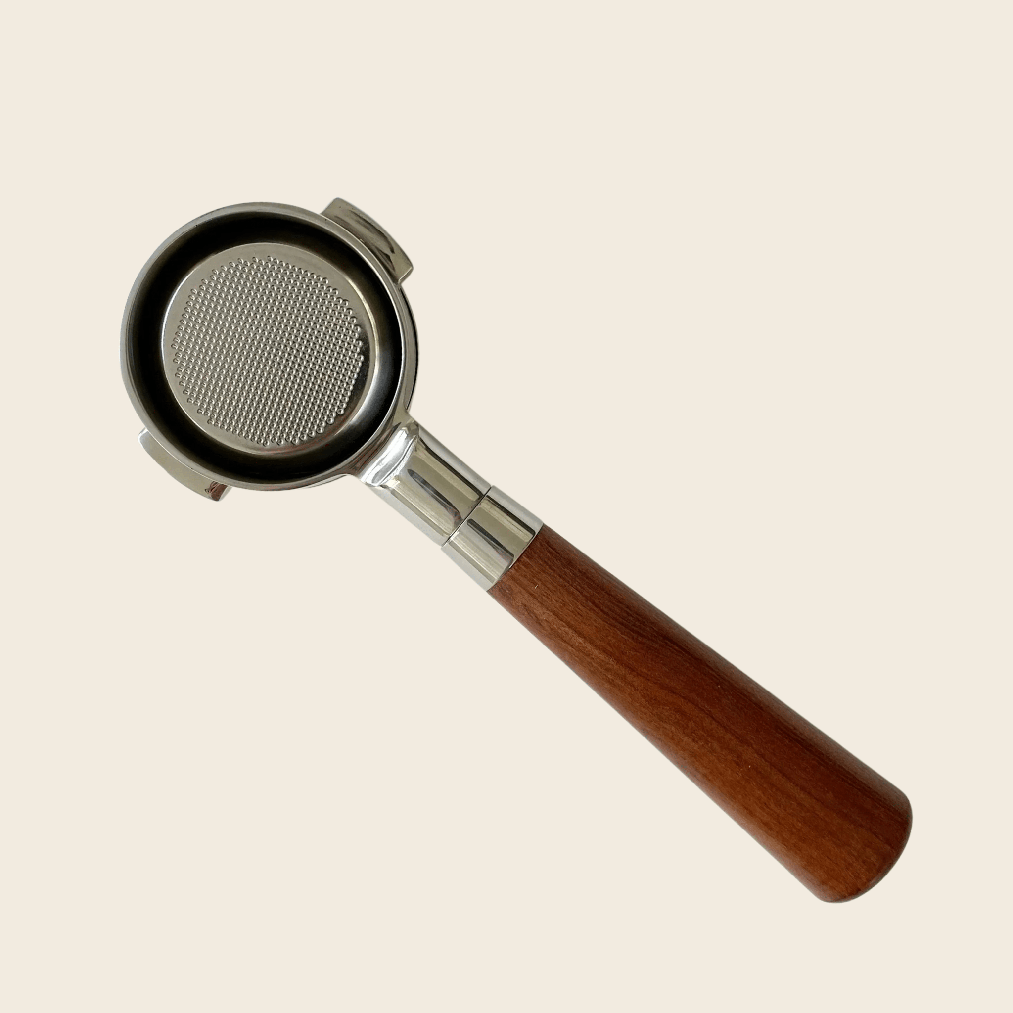 E61 58mm - Bottomless Portafilter - Almond Solid Wood — rear view
